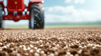 A close-up view of a tractor sowing seeds in freshly tilled soil, with vibrant colors and a blurred background, showcasing agricultural activity.