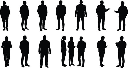 Businessman silhouettes, professional men and women, office communication, corporate discussion, teamwork concept, management, leadership, business poses, meeting, professional illustration