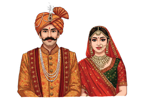 Traditional Rajasthani wedding couple depicted in a vibrant, realistic 2D vector illustration, elegantly dressed in cultural attire against a clean white background.