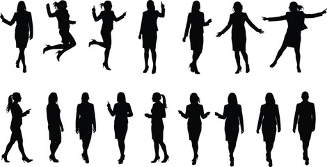 Businesswoman silhouettes, professional women standing, office communication, corporate poses, teamwork, leadership, presentation, discussion, confident female, modern lifestyle, business illustration