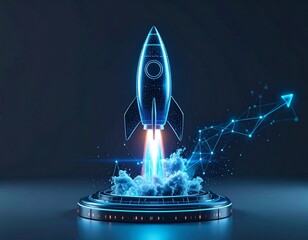 A futuristic digital illustration of a rocket launching from a platform, symbolizing growth and innovation.