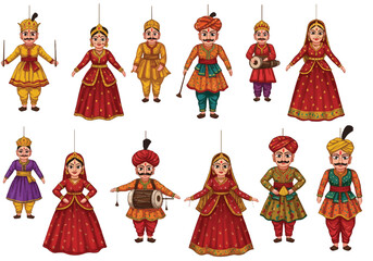 Traditional Rajasthani puppets are realistically depicted hanging as a 2D vector illustration on a clean white background, showcasing vibrant Indian cultural heritage.