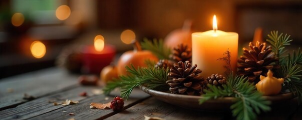 Cozy autumn ambiance with a rustic pine cone arrangement casting a warm, inviting glow from candlelight Perfect for holiday, nature, and home decor themes , holiday, darkness, green
