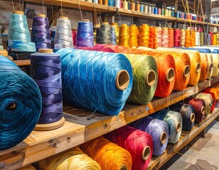 Colorful spools of thread on wooden shelves