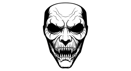 A black and white illustration of a scary monster face with sharp teeth and dark eyes on a white background ai generated