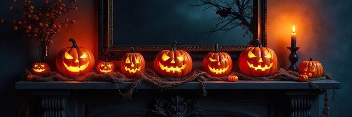 Spooky Halloween decorations adorn a mantelpiece, featuring carved pumpkins, spiderwebs, and eerie lighting  Perfect for autumnal, seasonal, and holiday-themed projects , bats, halloween party