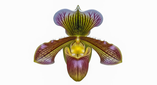 Paphiopedilum papuanum (Papuan slipper orchid) macro isolated
