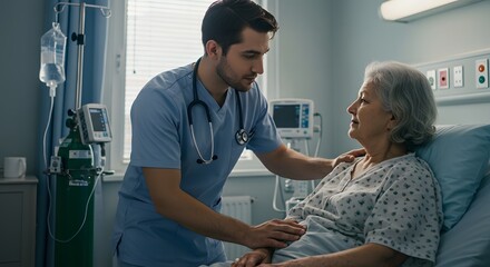 Nurse comforting elderly patient in hospital room