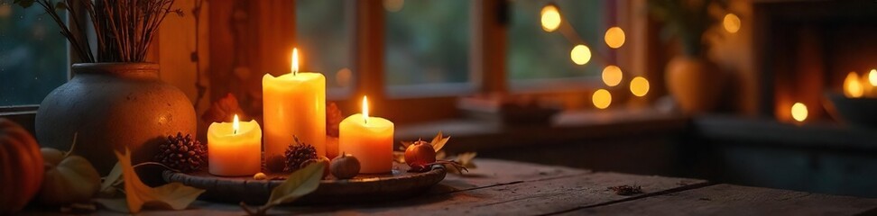 Cozy autumn evening scene with flickering candlelight illuminating warm, inviting space  Perfect for home decor, hygge, relaxation, and seasonal themes , fireplace, hygge, ambiance