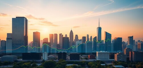Modern city skyline with financial graph overlay on skyscrapers, growth, financial