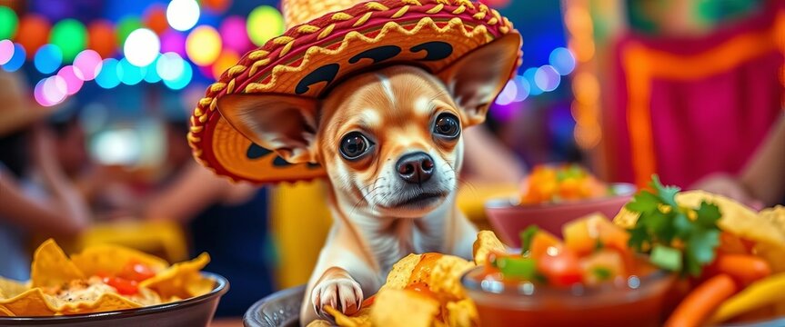 Tiny chihuahua in sombrero, enjoying nachos and salsa at a fiesta, texture, delicious