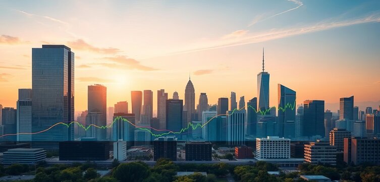 Modern city skyline with financial graph overlay on skyscrapers, growth, financial