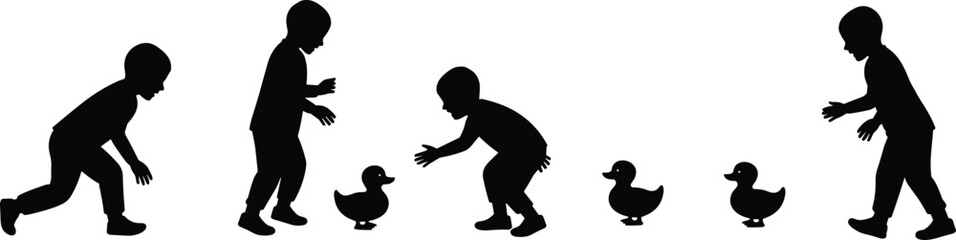 Children playing with ducks silhouette, boy interacting with animals, feeding birds, outdoor activity, childhood fun, wildlife moment, vector illustration design