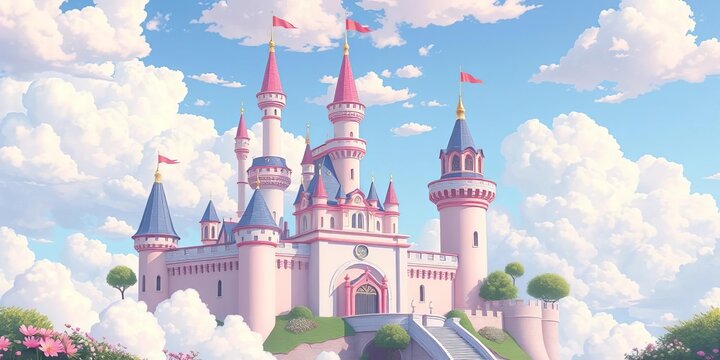 Pastel castle, whimsical towers, fluffy clouds, anime style,  purple,  low angle