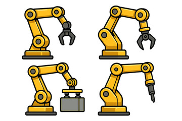 Set of industrial robotic arms for factory automation. Vector collection of manipulators with different grippers and tools for manufacturing. Technology and engineering concept.