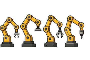 Industrial robot arm set. Robotic manipulator for factory automation and manufacturing. Vector collection with gripper, claw, suction cup, welder. Technology machinery icon.