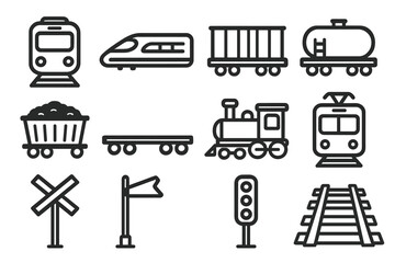 Train icon set. Railway, railroad transport collection. High-speed, subway, steam locomotive, freight car vector icons. Rail track, crossing sign, signal light symbols.
