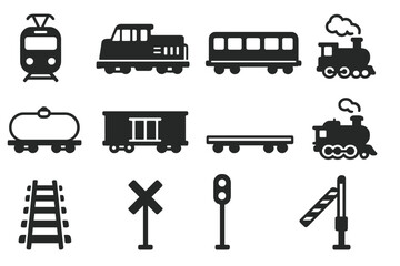 Train icon set. Vector collection of railroad transport silhouettes. Locomotive, steam, freight, passenger wagon. Railway track, signal light and crossing barrier icons.