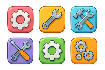 Set of 3D cartoon tool and settings app icons. Gear, wrench, hammer, and screwdriver symbols for UI/UX design. Vector buttons for web or mobile interface configuration.