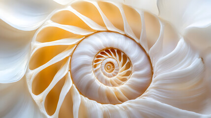 Close-up of a nautilus shell showing its spiral pattern and internal chambers.