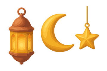Ramadan Kareem 3D icon set with golden crescent moon, hanging star, and Arabic lantern. Islamic holiday cartoon vector elements for Eid al-Fitr and Mubarak celebration.