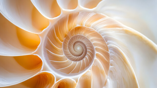 Close up of a nautilus shell showing its spiral pattern and inner chambers. - Powered by Adobe