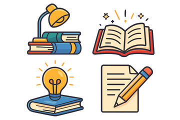 Set of cartoon icons for education and creativity. Book, lamp, open notebook, pencil and paper, light bulb idea symbol. Learning, reading, writing, knowledge concept.