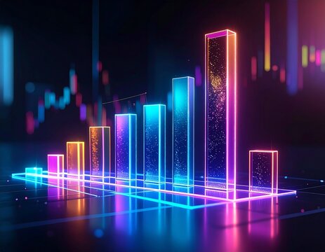 A vibrant neon bar graph displaying increasing financial data against a dark, futuristic background with stock market charts.