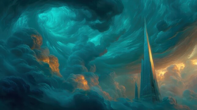 A futuristic skyscraper pierces dramatic, swirling storm clouds illuminated by golden light in a surreal, dreamlike atmosphere - Powered by Adobe