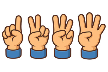Fototapeta premium Hand counting gestures from one to four vector set. Cartoon finger counting sequence. Learn numbers concept. Cute hands showing numerical gestures. Isolated graphic elements.