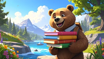 A friendly bear with books, a serene landscape