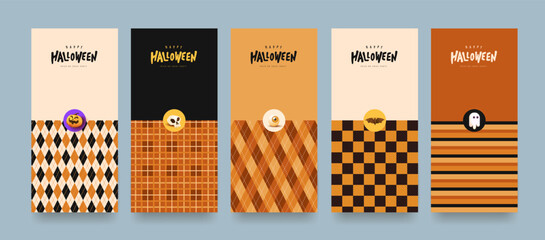 Halloween packaging pattern set with argyle plaid and stripe textures decorated with festive icons like pumpkin skull ghost bat and eyeball for holiday product wrapping and seasonal design use
