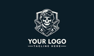 A stylized skull wearing a helmet, crossed rifles, and a shield, ready for action.