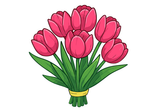Bouquet of pink tulips vector illustration. Cartoon spring flowers for greeting card, Mother's Day, birthday, or anniversary gift. Elegant floral design element isolated.