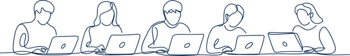 Continuous line art of diverse group working on laptops together, collaborative teamwork, remote work, digital office, productivity, technology use, business meeting, modern workplace