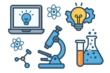 Science and technology icon set. Research, innovation, discovery concept. Vector illustration of laboratory equipment, microscope, chemistry, atom, molecule, and lightbulb idea.