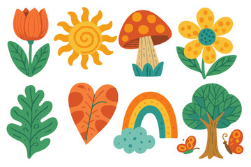 Set of cute cartoon nature icons. Whimsical folk art vector illustrations. Flower, sun, mushroom, rainbow, tree, butterfly. Spring summer design elements for kids.