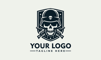 Skull wearing a military helmet with crossed rifles, set on a shield emblem.