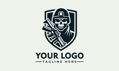 Skull soldier logo, holding rifle, wearing helmet and goggles