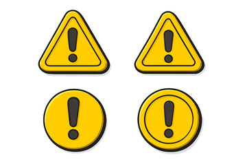3D yellow warning sign icon set. Notification page element for banner design. Vector cartoon of danger, alert, attention, and error symbols. Exclamation mark button concept.