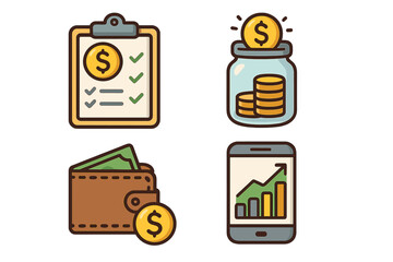 Finance icon set for digital money management. Concepts of budgeting, saving, personal wealth and investment growth. Financial planning checklist, savings jar, wallet, mobile app.