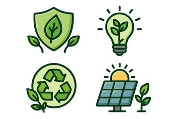 Eco friendly icon set for sustainability. Green energy concept. Renewable power symbols like solar panel, recycling logo, nature protection shield and green idea lightbulb.