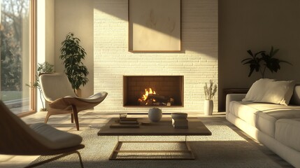 Sunlit Living Room with Cozy Fireplace and Mid-Century Modern Chairs