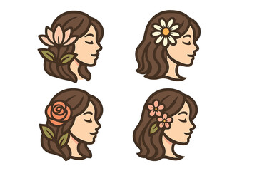 Set of beautiful woman profiles with flowers in hair. Vector logo illustration for beauty salon, spa, cosmetics. Natural organic concept. Feminine care, wellness, and harmony.