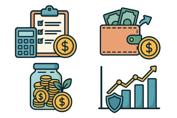 Finance icon set for money management and budgeting. Vector concepts of savings, investment growth, financial planning, expenses, and wealth protection. Economy symbols.