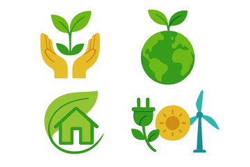 Set of eco-friendly symbols promoting sustainability. Icons for green and renewable energy. Vector concepts for conservation, ecology, solar and wind power, and planet care.