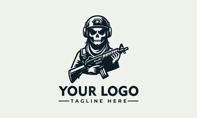 Skull soldier logo, holding rifle, wearing helmet and goggles
