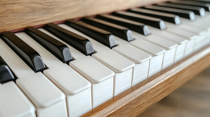 Close up of polished piano keys, showcasing their elegant design and craftsmanship