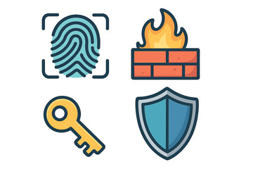 Cybersecurity vector icon set. Digital data protection, privacy, and safety concept. Fingerprint biometric authentication, firewall, secure access key, and protection shield.