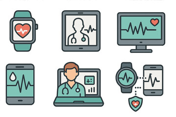 Digital health icon set. Telemedicine and online doctor consultation concept. E-health, medical technology, remote patient monitoring systems. Healthcare vector illustration.